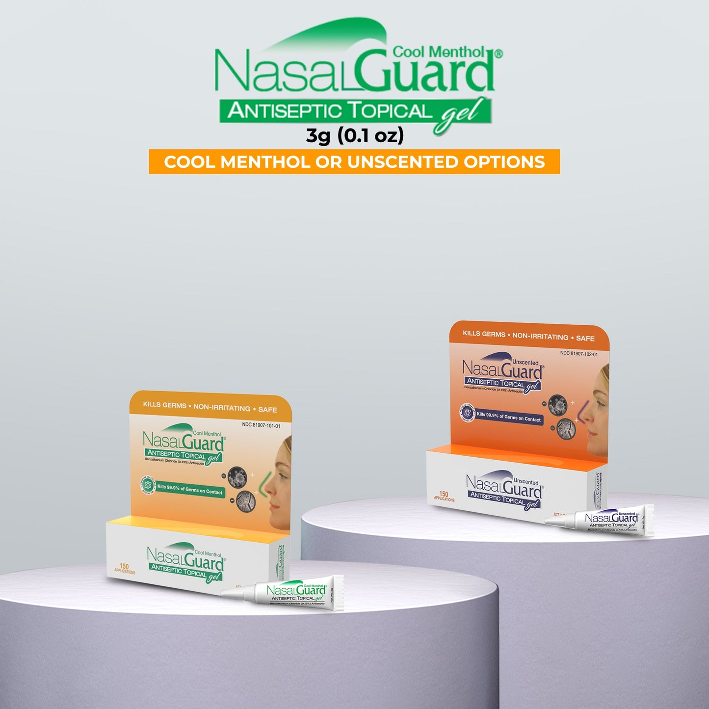 Gel tópico antiséptico NasalGuard, bloquea y mata el 99,9% de los gérmenes | Mentol fresco | Tubo 3g