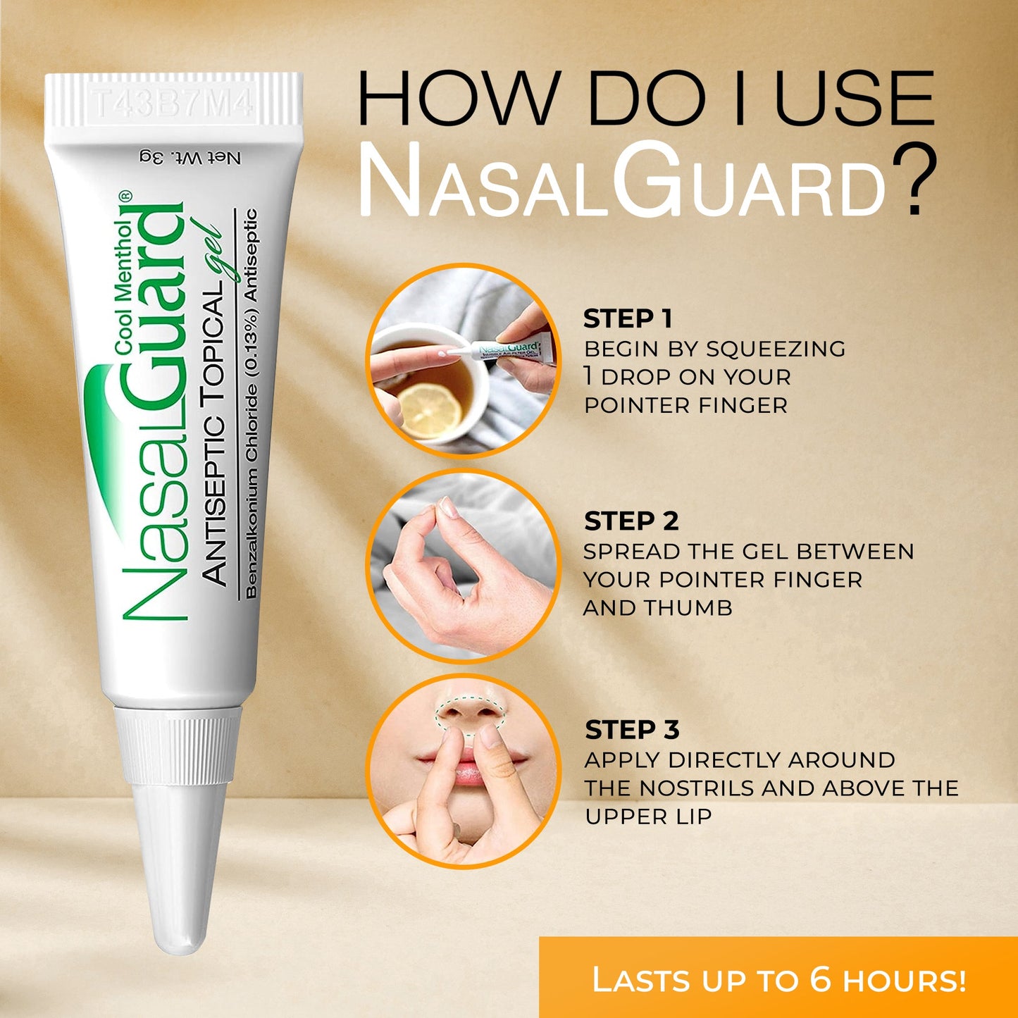 Gel tópico antiséptico NasalGuard, bloquea y mata el 99,9% de los gérmenes | Mentol fresco | Tubo 3g