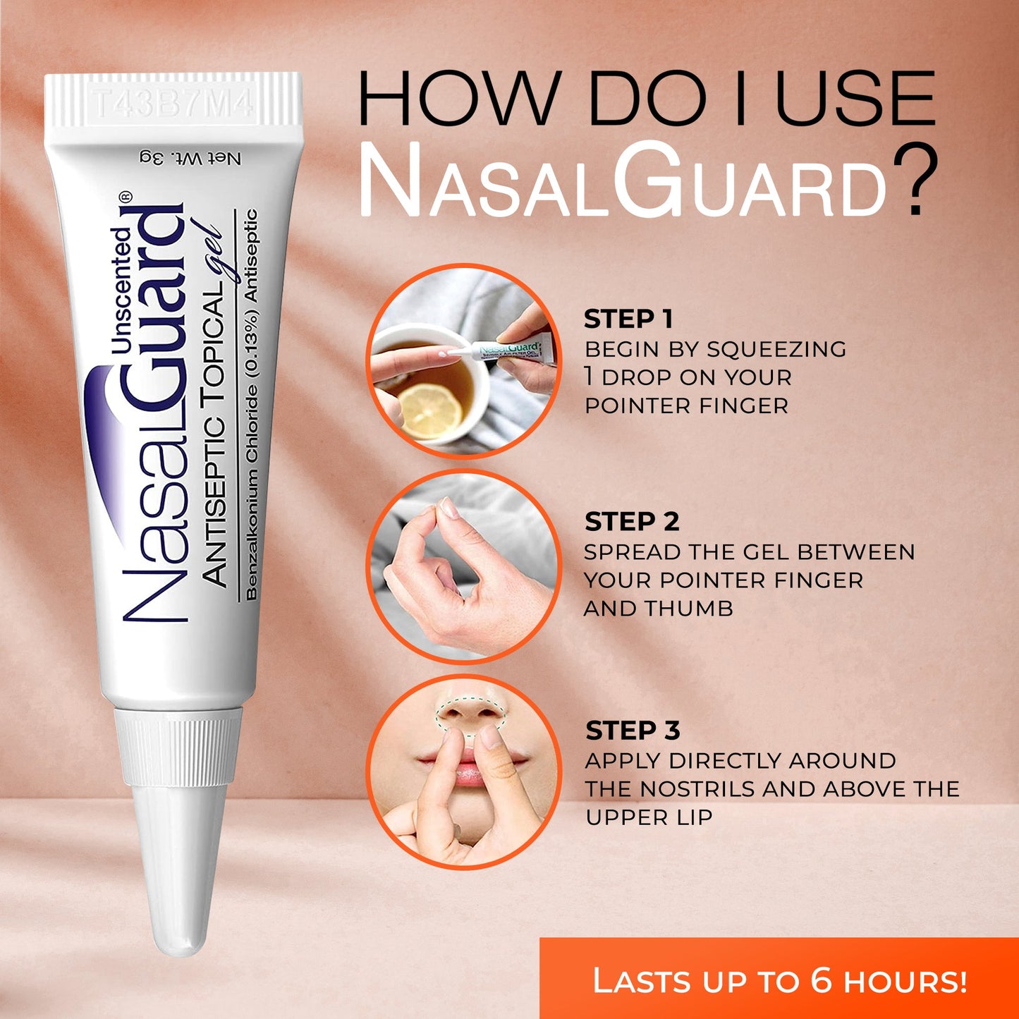 Gel tópico antiséptico NasalGuard, bloquea y mata el 99,9% de los gérmenes | Sin perfume | Tubo 3g