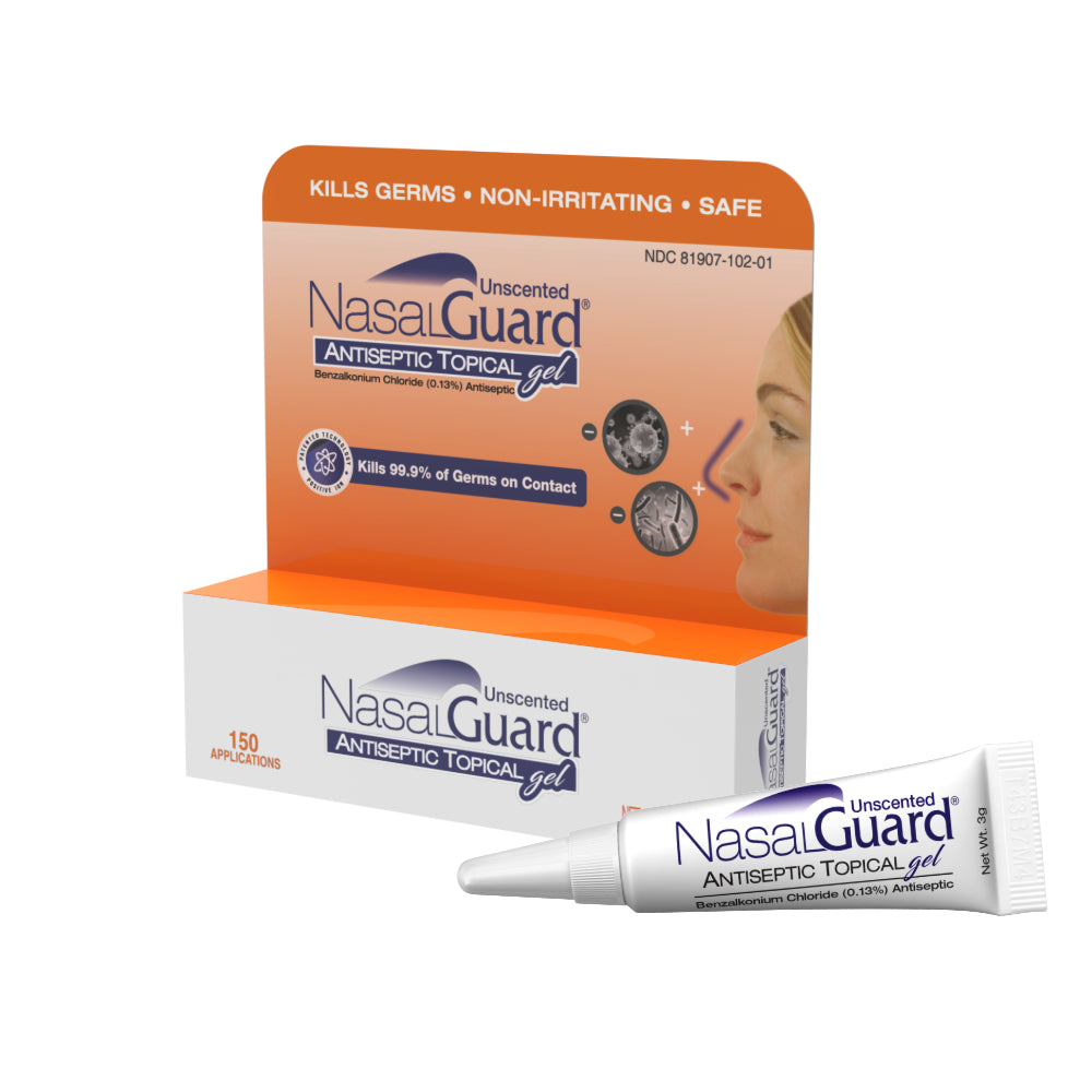 Gel tópico antiséptico NasalGuard, bloquea y mata el 99,9% de los gérmenes | Sin perfume | Tubo 3g