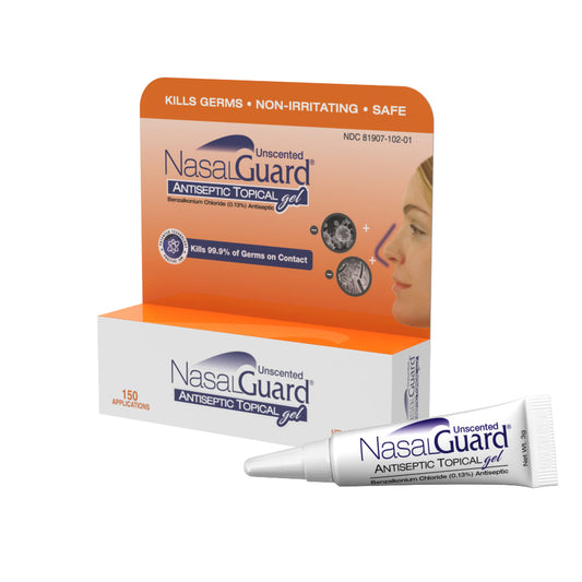 Gel tópico antiséptico NasalGuard, bloquea y mata el 99,9% de los gérmenes | Sin perfume | Tubo 3g