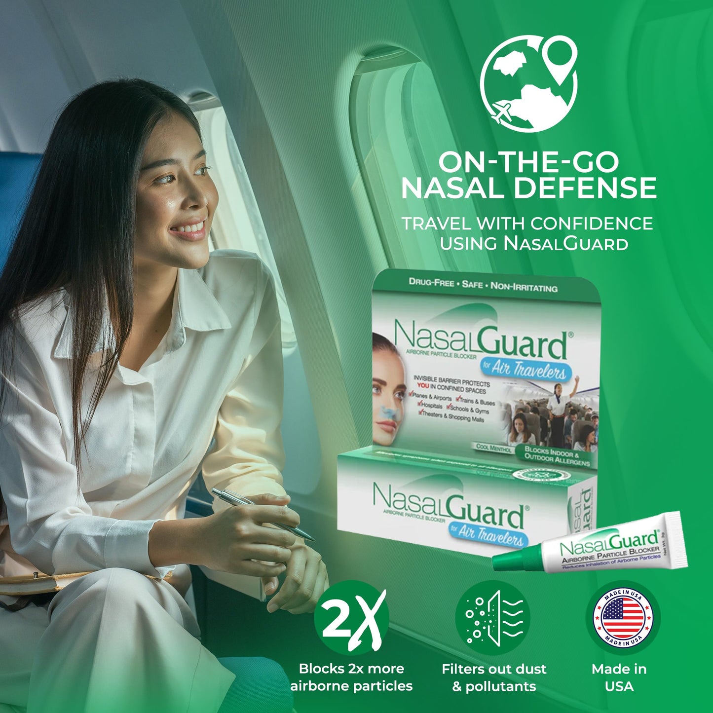 NasalGuard para viajeros aéreos, bloqueador de partículas en el aire | Mentol fresco | Tubo 3g