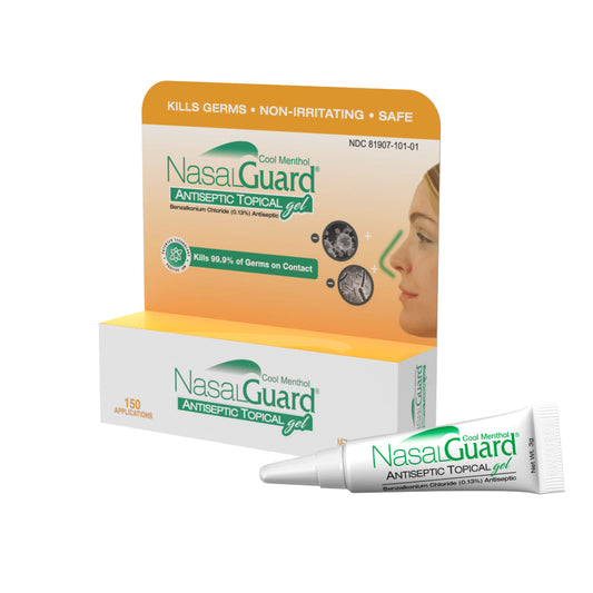 Gel tópico antiséptico NasalGuard, bloquea y mata el 99,9% de los gérmenes | Mentol fresco | Tubo 3g